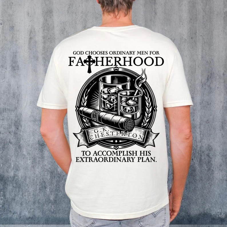 

Мужская католическая рубашка с сигарой и виски GK Chesterton Quote Faith in Fatherhood and Fire Католический мужской подарок Христианская футболка для папы