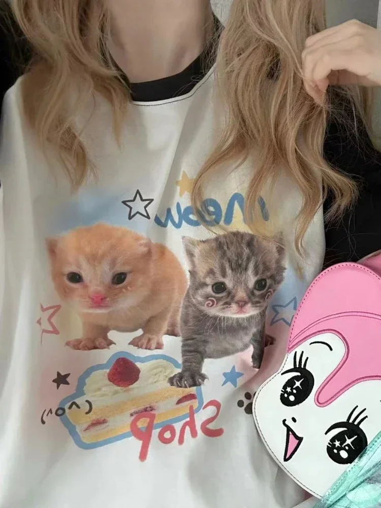 ADAgirl-camisetas con estampado de gato Kawaii para mujer, ropa estética Y2k de manga corta, estilo japonés, Cutecore