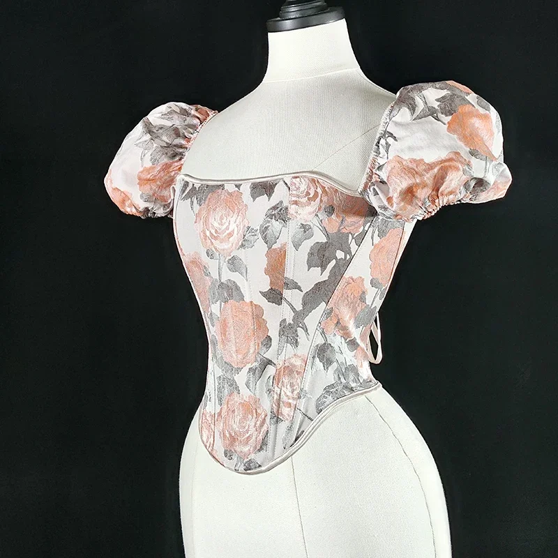 

Новые летние резиновые корсеты с короткими пышными рукавами, жаккардовый жилет с выпуклыми розами и цветочным принтом, бюстье, топы, корсет