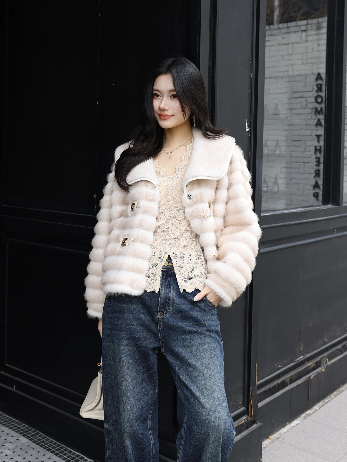 

Eco-Friendly Faux Mink adient Stripe Jaet ME Yacht Club Youth Casual Long Sve Mid-Length Coat Warmth for Winter