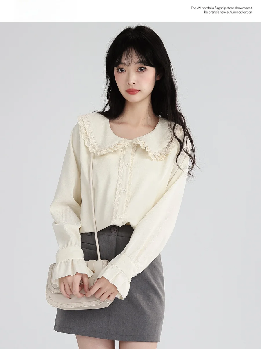 

Elegant Long Sleeve Doll Collar Shirt Women's Inner Wear Frou Frou Trim Anti-Aging Korean Style Loose Fit Color