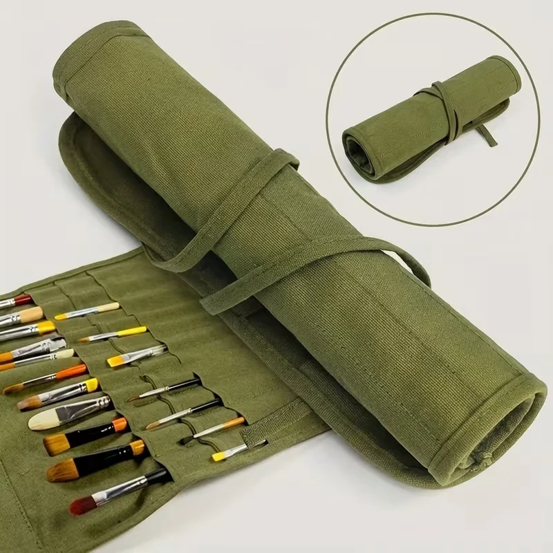 Olivgrüner Pinsel-Organizer aus Segeltuch – 22 Fächer, elastisch verschlossen mit verstellbaren Riemen, tragbarer Pinselhalter für Aquarellfarben