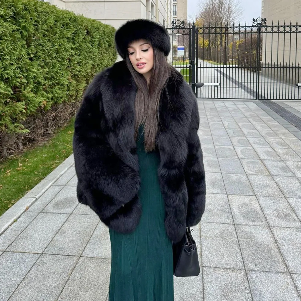 Luxury Black Full Pelt Genuine Fox Fur Coats Women Elegant Natural Fox Fur Mid-Length Thick Overcoats Warm Real Fur Outwear