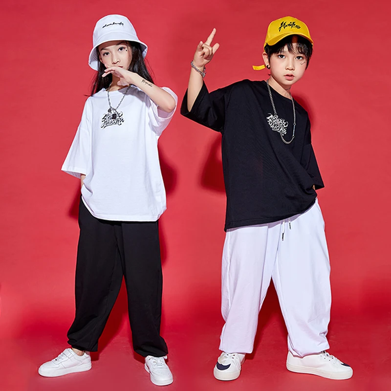 Hip Hop Clothing For Children Summer Short Sleeve T-Shirt Loose Pants Boys Jogger Street Wear Girls Jazz Practice Clothes BL8001