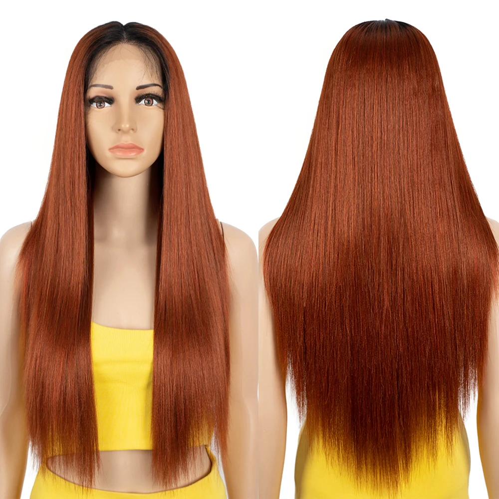 Perruque Lace Front Wig synthétique 28 pouces, perruque longue et lisse, rouge et Orange, perruque pour femmes noires