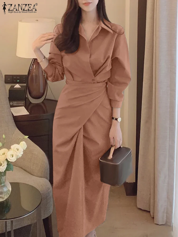 

ZANZRA Casual Korean Style Shirt Dress Elegant Office Lady Sundress 2025 Autumn Long Sleeve Robe Fashion Lapel Neck Vestidos