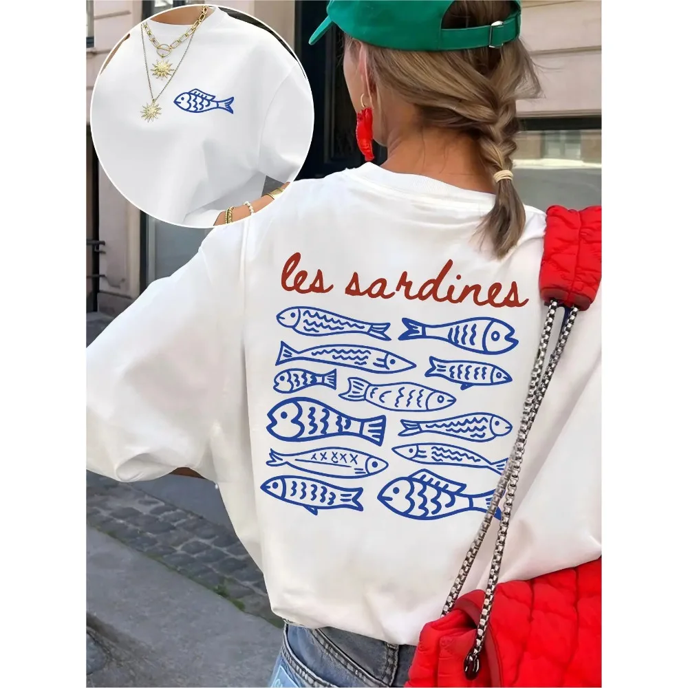Vintage Les Sardines Grafik-T-Shirt für Damen, doppelseitiger Fisch-Print, französische Ästhetik, Harajuku, kurzärmeliges Strand-Top