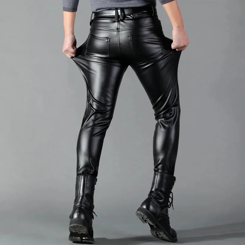

Men's leather pants skinny fit elastic fashion PU leather biker's trousers nightclub party & dance pants thin