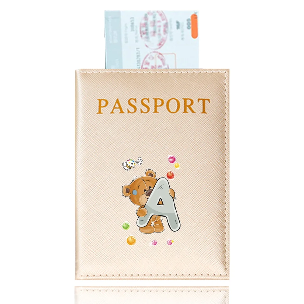 Funda de pasaporte de viaje para mujer, soporte de pasaporte de Color dorado, estampado de diseñador, serie de letras de oso, funda de pasaporte de viaje, bolsa