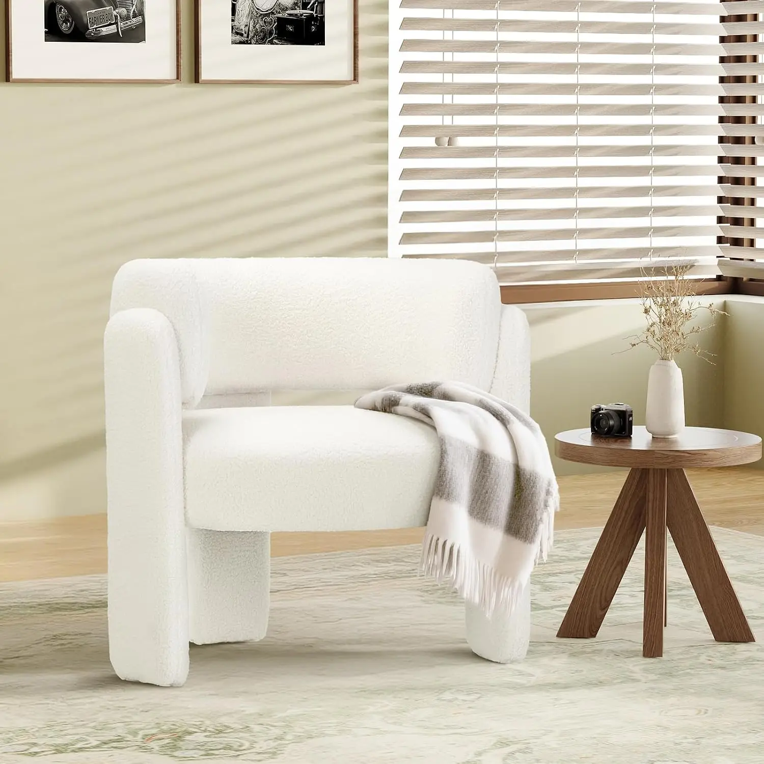 Modern Barrel Accent Chair, Upholstered Sherpa Armchair with 3 Legs for Living Room & Bedroom Reading, Cream, Customized