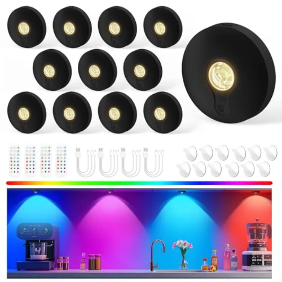

Rechargeable Puck Lights with Remote, Magnetic Under Cabinet Lighting, 1500mAh Battery Operated LED Tap Lights with Dimmer and