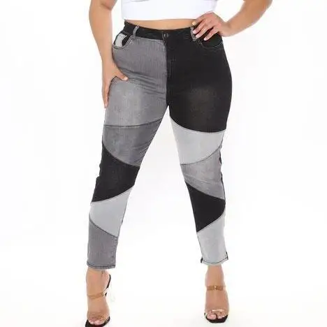 

2026 New High Waist Slimming Wish Independent Station Patchwork Elastic Denim Women's Pants Urban Style High Elasticity Black