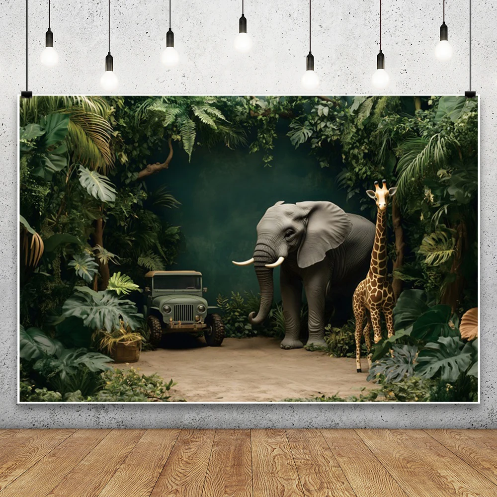 Tropical Safari Jungle Kids Birthday Party Photography Background Giraffe Elephant Bears Forest Jeep Baby Shower Photo Backdrops