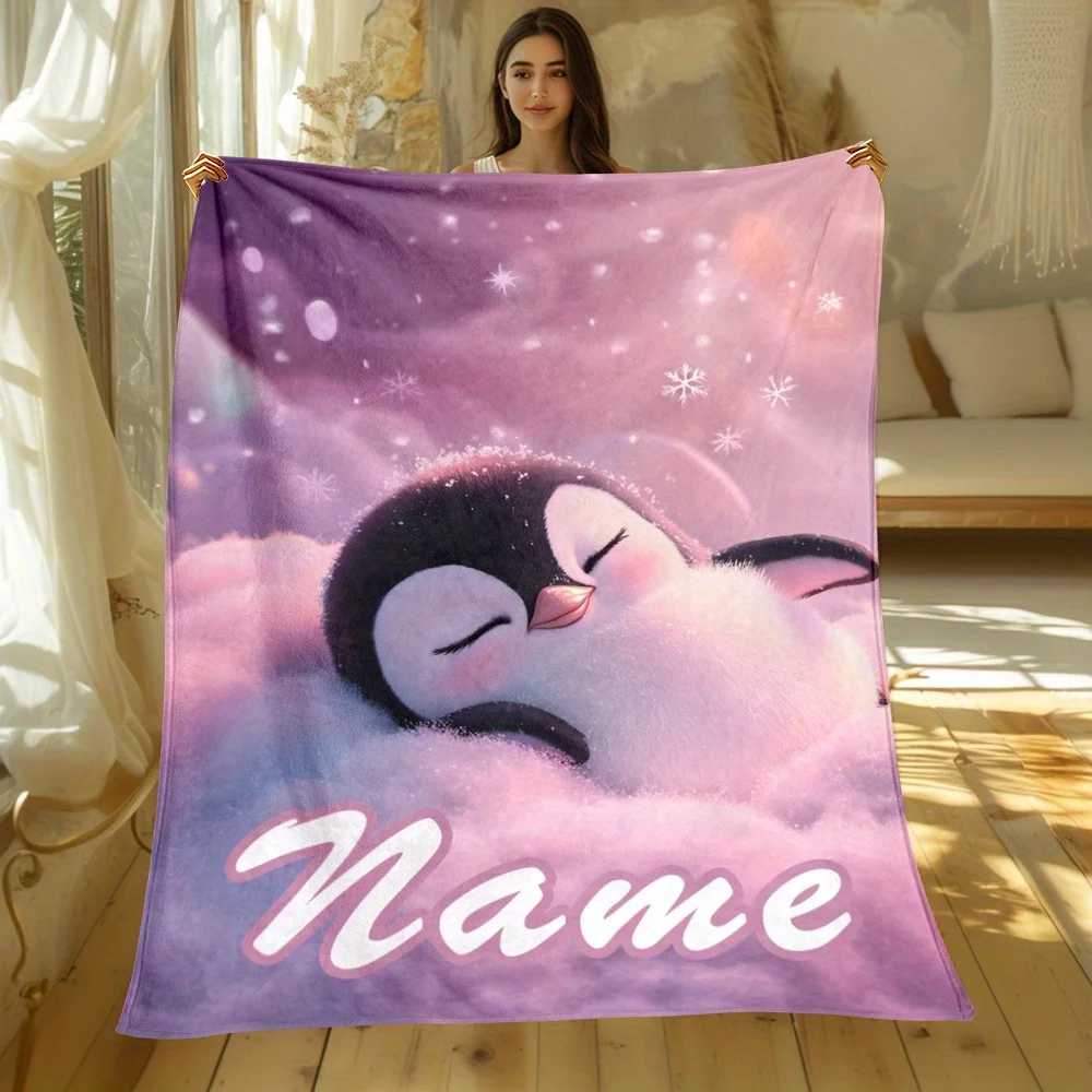 1 personalisierte rosa Pinguin-Flanelldecke aus weicher Polyesterfaser, maschinenwaschbar, grob gestrickt für alle Jahreszeiten