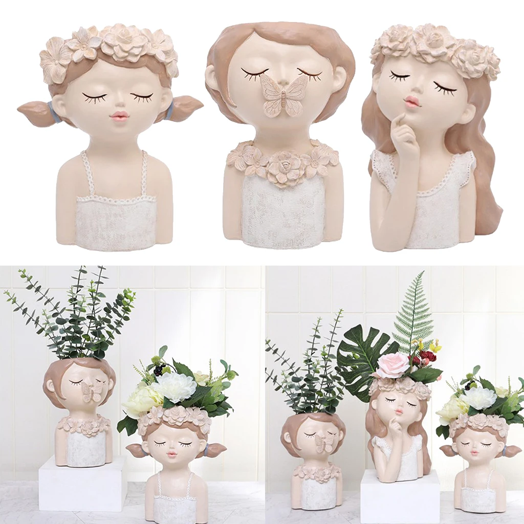 

Cute Cartoon Girl Resin Pots Succulent Plant Container Dry Vase