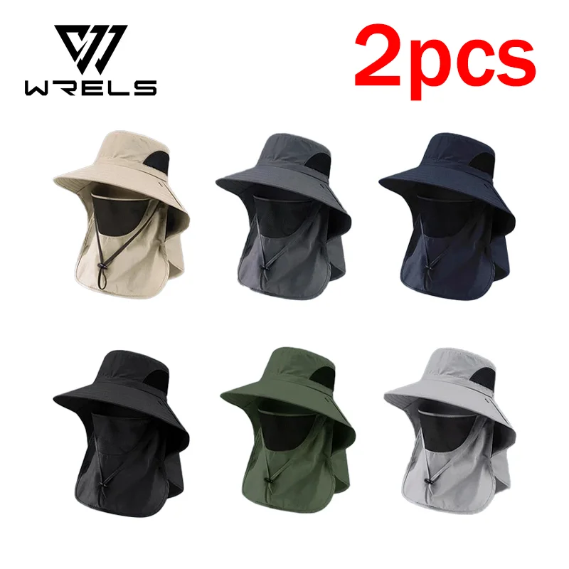 2Pcs Summer Outdoor Fishing Hat Full Face Sun Protection Hunting Bucket Hats Breathable Wide Brim Anti UV Camping Fisherman Hat