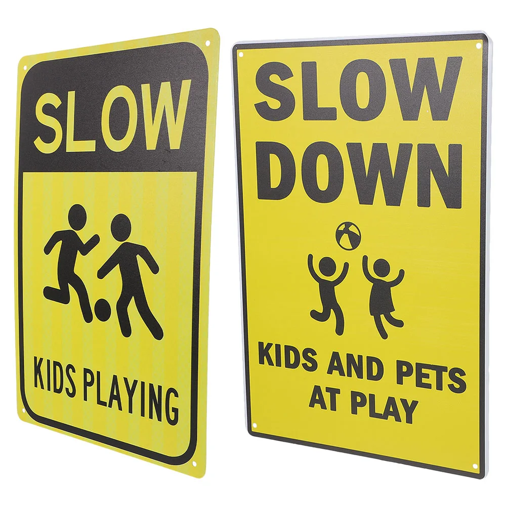 2 Pcs Signs Safety Road Caution Iron Sheet Tips Slowing down Traffic Street Kids Play for Playing Child