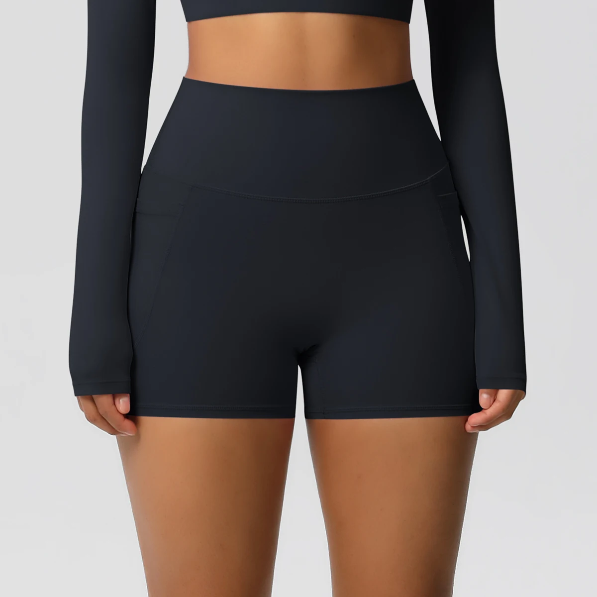Einfarbige Yogahose mit Taschen, schnell trocknend, hohe Taille, für Fitnessstudio, Push-Up-Yoga-Shorts für Damen, atmungsaktiv, Workout, Fitness, kurz – Detail 9
