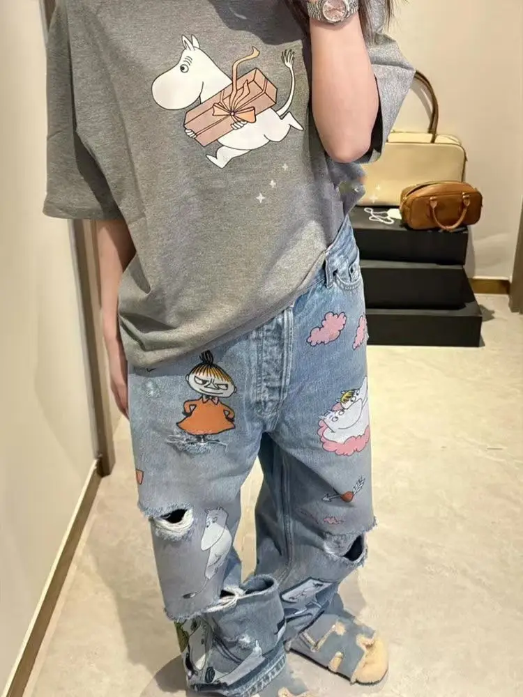 レトロ漫画落書きウォッシュリッピングワイドレッグジーンズレディース2025春夏デザインセンスゆったり薄手パンツ潮