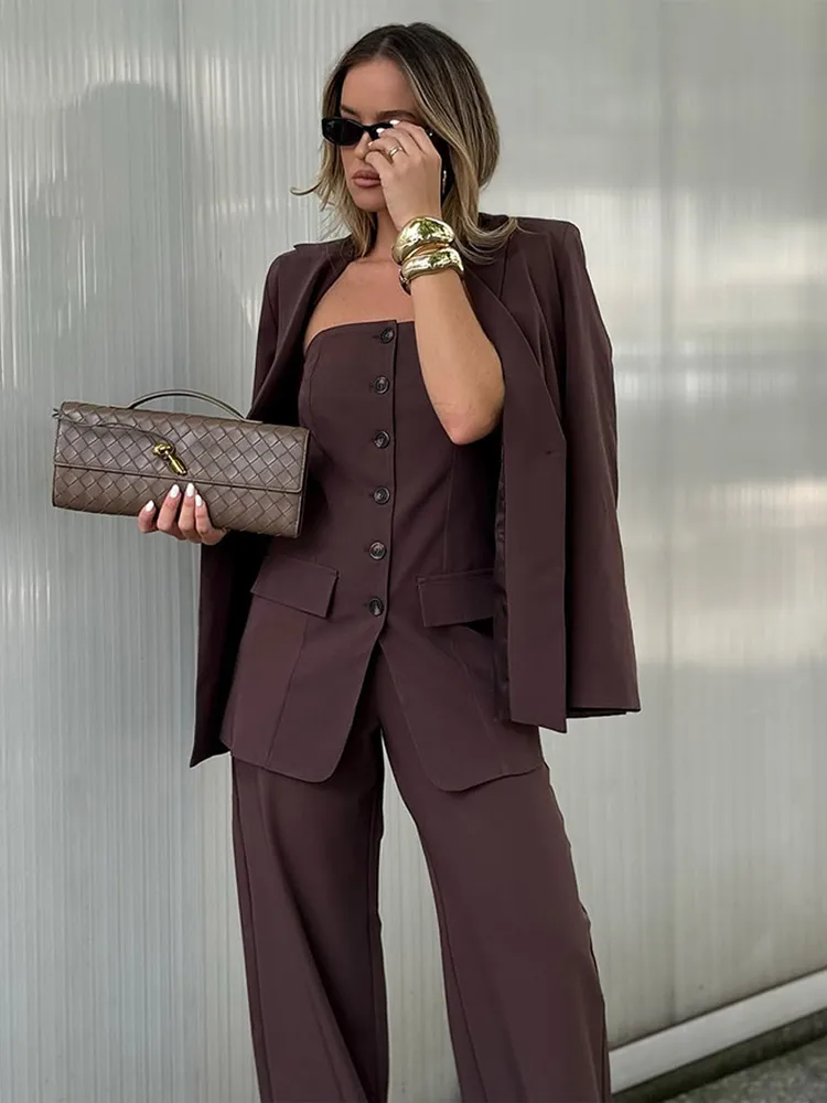 Women Brown Blazer Coat Pant Sets Chic Lapel Long Sleeve Jacket Slim Tube Top Trousers Suit 2025 Spring Lady Commute Streetwear