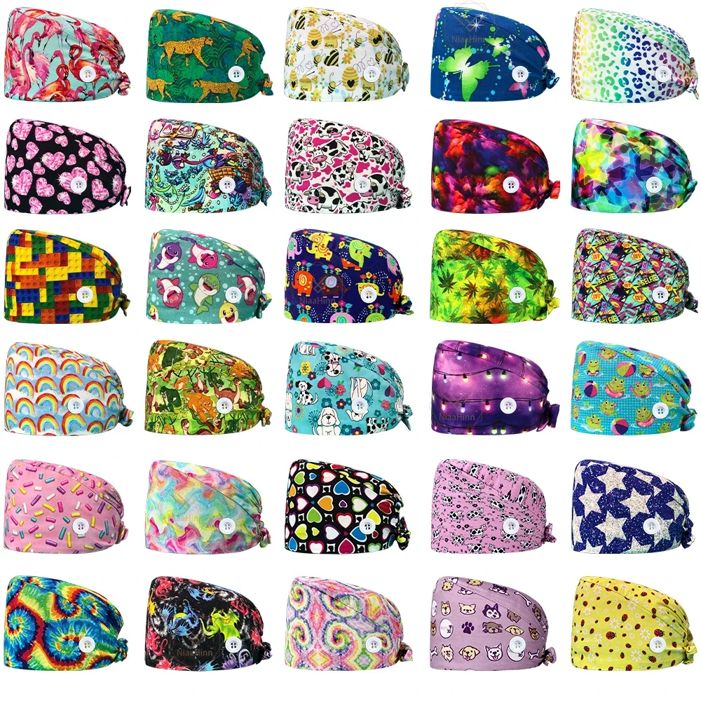 Wholesale Unisex Scrubs Cap Adjustable Cotton Printing Surgical Hats Nurse Uniform Accessories Hospital Beauty Store Work Caps