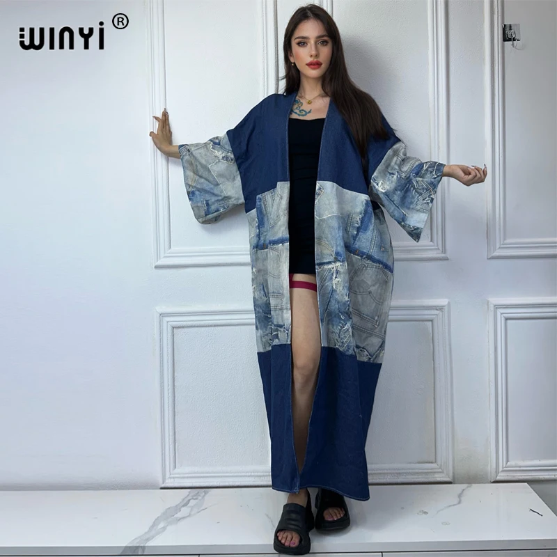 WINYI Kimono Printed denim patchwork wash denim Cardigan maxi Dress eleganckie wakacje pływanie okrycie plażowe Up modna sukienka abaya