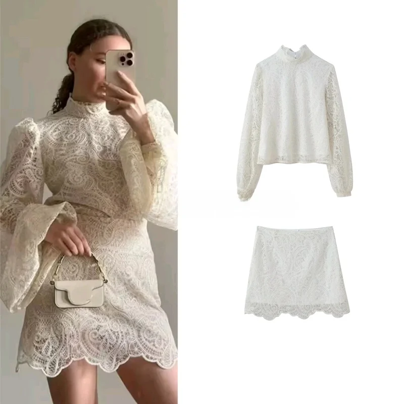 

Spring Summer New Women's Gentle Style Long Sleeve Hollow out Lace Top Pure Color Half Skirt Two Piece Set High Waist
