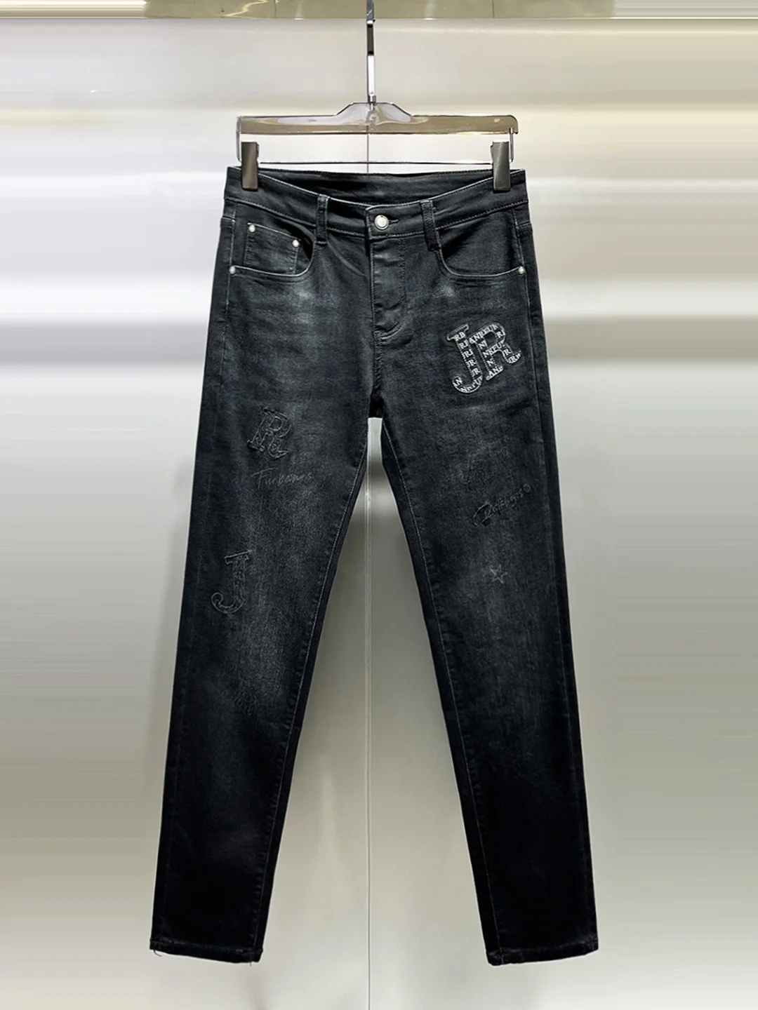 

Autumn Winter Men's Slim Fit Jeans Personali Print Embroidery High End Faion Small Foot Pants Casual Sle mid Waist