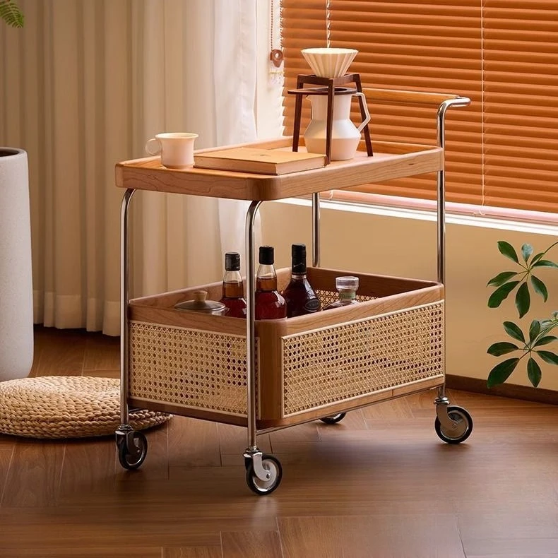 

Мобильный мобильный телефон из цельного дерева с краями колес, несколько мест для хранения из нержавеющей стали, средневековая тележка для хранения в гостиной, хранение из ротанга, простой кофе