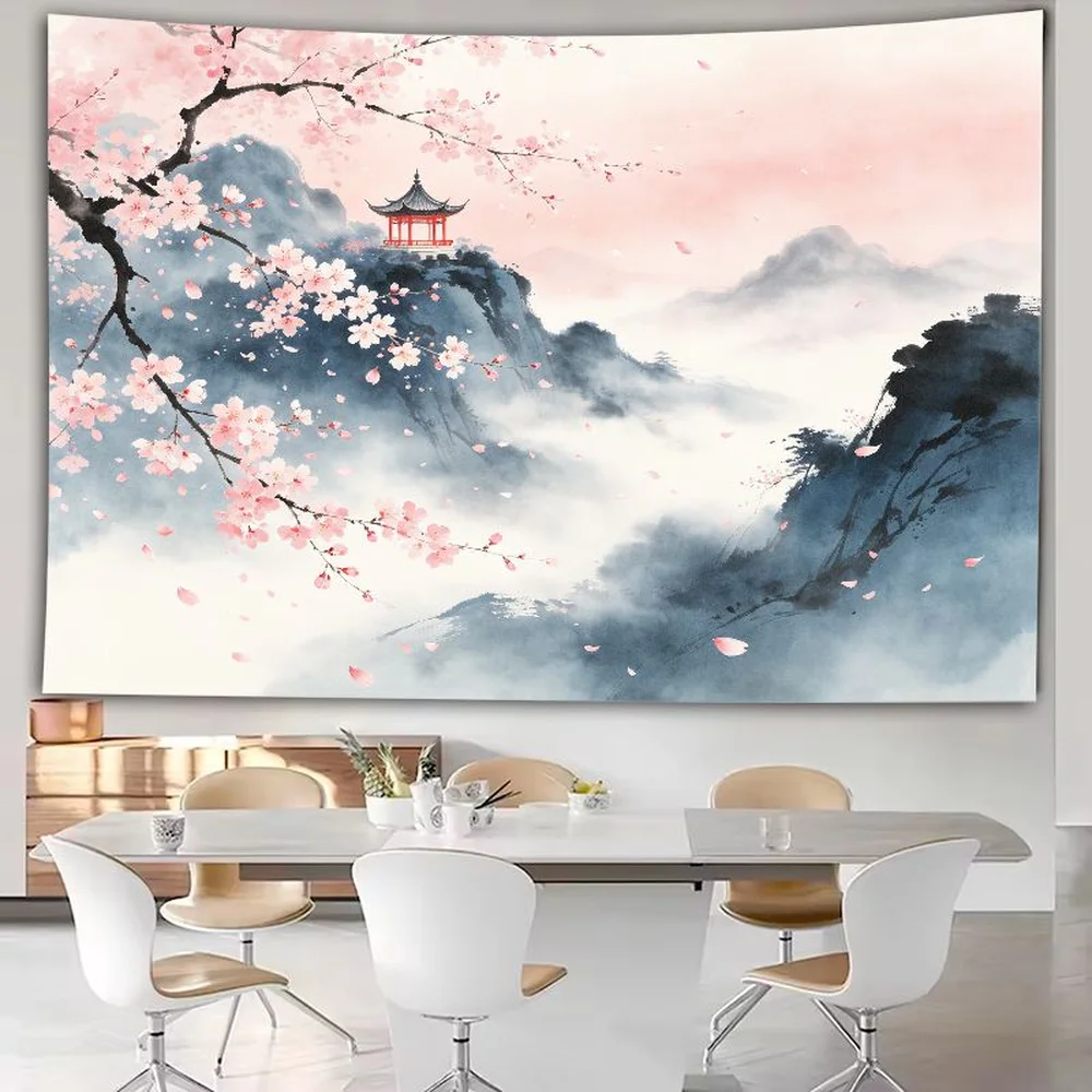 VIKAMA Cherry Blossom Mountain Tapestry, Pink Sakura River Pagoda Anime Bedroom Decor