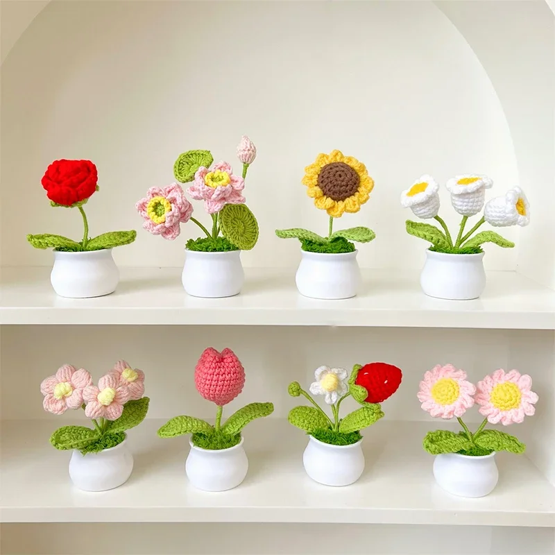 اليد المنسوجة زهرة المنتج النهائي الكروشيه الزنبق الفراولة عباد الشمس لوتس اليدوية الصوف محبوك بوعاء سطح المكتب ديكور حلية