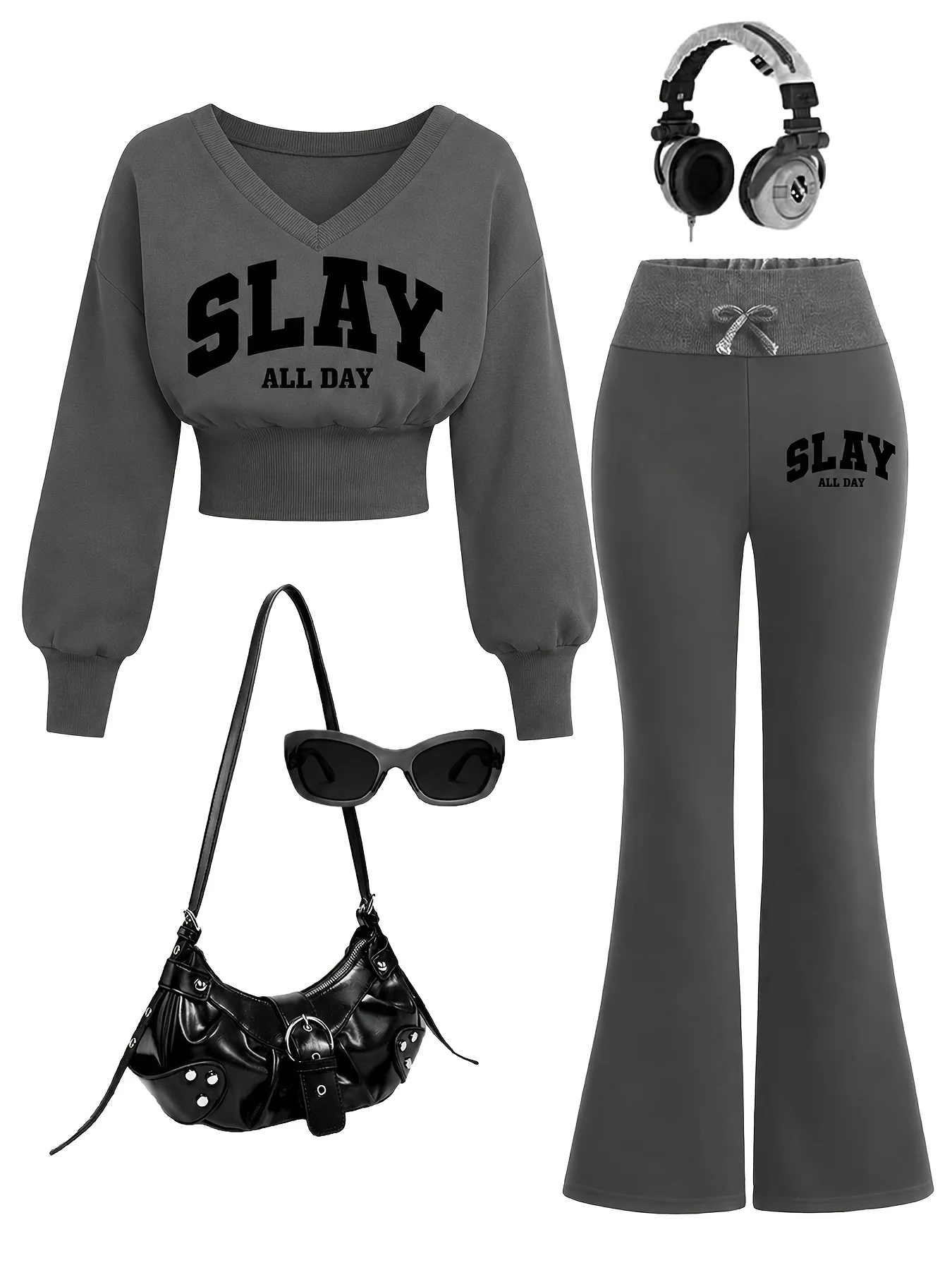 Girls' autumn outfit set: a V-neck sweatshirt with letter print and bell-bottom pants set. The short sweatshirt design is fashionable and versatile, suitable for children over 3 years old