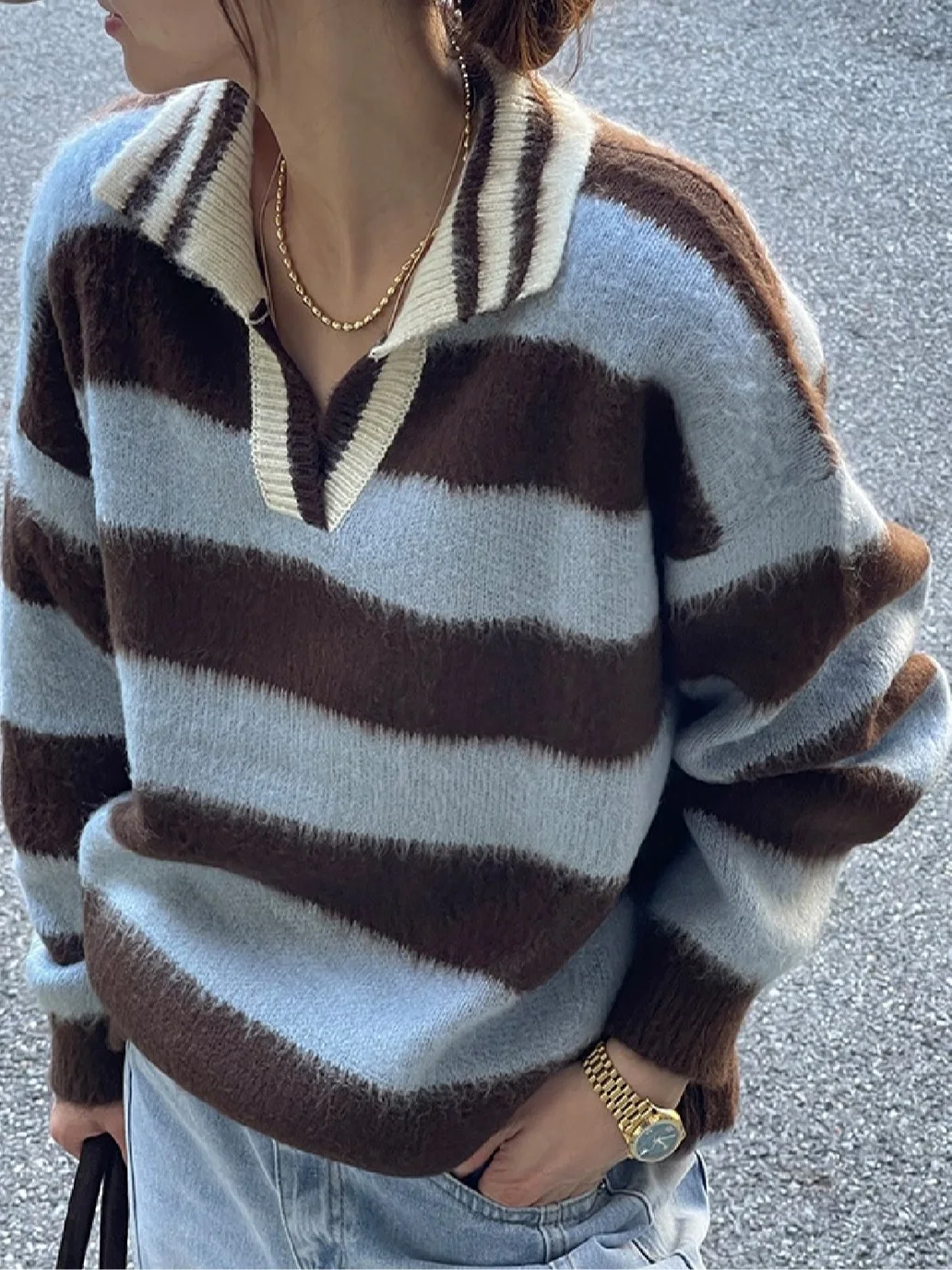 

Retro Sli Women's Knitted Sweater Loose Fit Overhead Ne Design Camere Autumn Winter Faion Lazy Sle Versatile Sweater