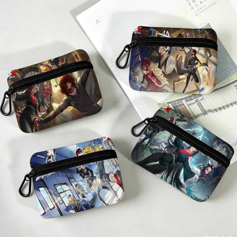 Hot Video P-Persona 5 Gaming Compact Oxford Cloth Coin Purse Detachable Carabiner Hook Portable Key Card Organizer Pouch