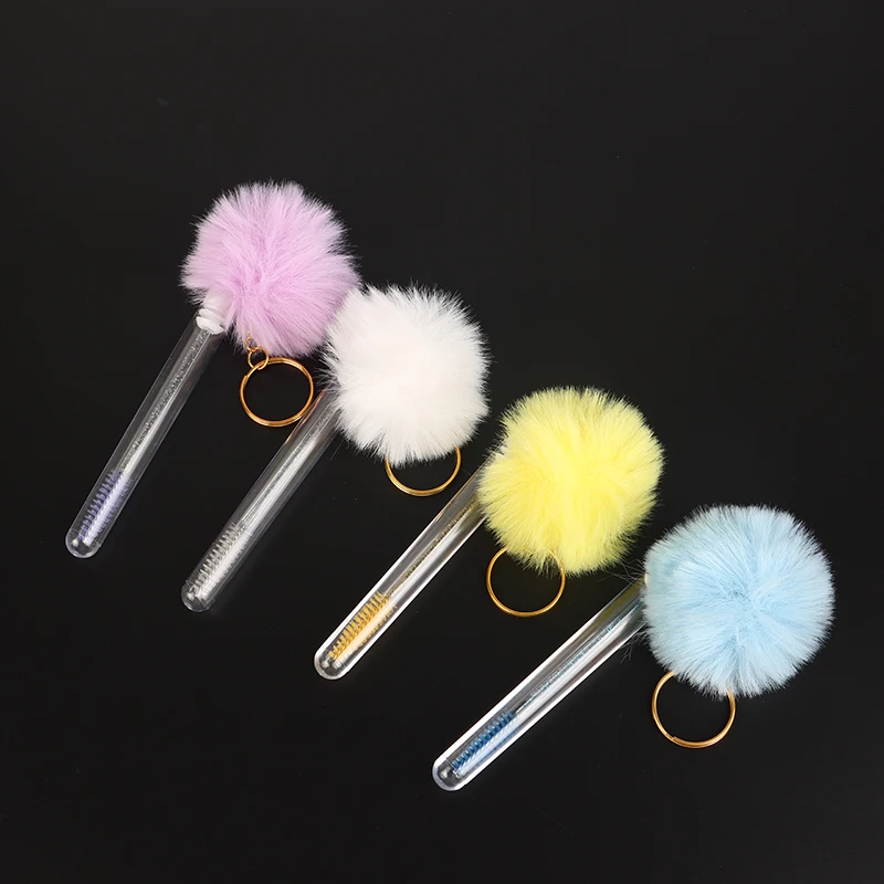 1pcs Tube Eyelash Brush With Gold Keychain & Fluffy Fur Pom Pom Ball Lash Extension Makeup Brush Eyebrow Comb Beauty Tools