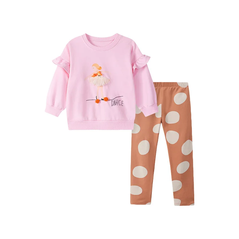 

2025 New Long Sleeve Pink Dancing Girl Polka Dot Brown Pants Cute Cartoon Color Printing All Cotton Casual Girl Beautiful Set