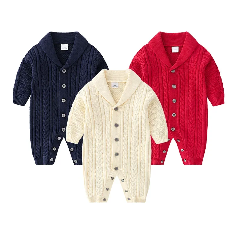 

Baby Romper Single-breasted Long Sleeve Lapel Twist Pattern Baby Romper Button Baby Clothes Newborn Clothes Romper