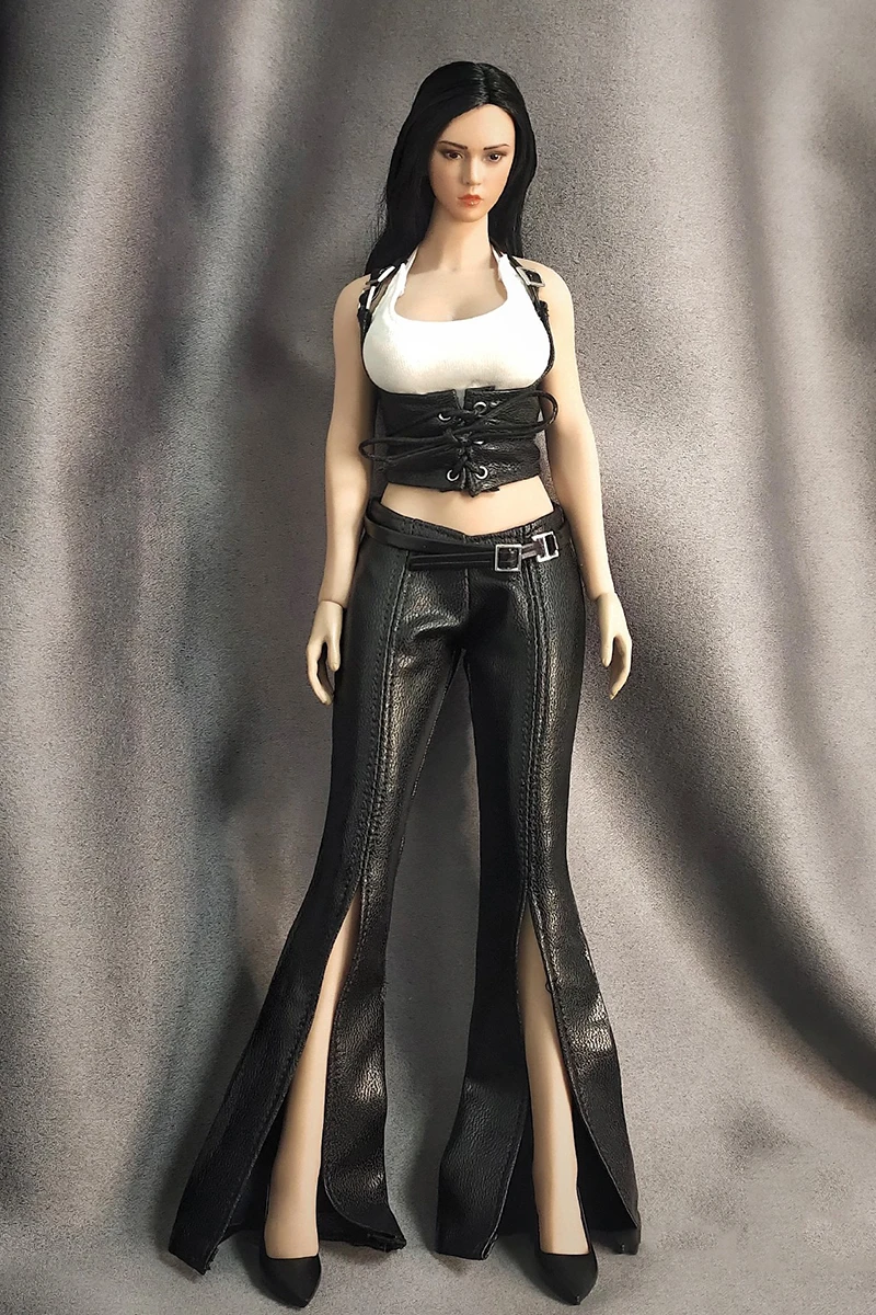 1/6 Scale Female Leather Clothes Set Deep-V Halter Vest Slim Shorts High-slit Trousers Fit 12