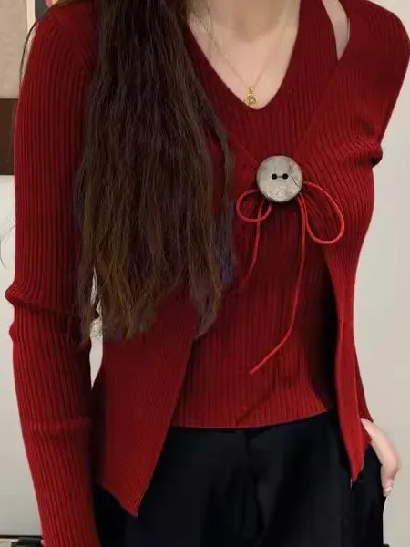 

Ele Knitted Base irt Women's Sweater V-Ne Button Hanging Ne Design Sensation False Two-Piece Sle Commute Faion