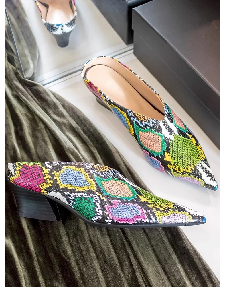 New Summer Autumn Slippers Female Colorful Snakeskin Pattern Fashion Sandals Pointed Toe Casual V Cut Ladies Wedge Shoes  A119