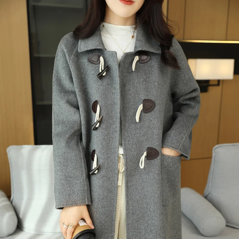 Ladies' 100% cashmere thick double-sided long jacket, classic and multifunctional, fashionable and suitable for business and lei