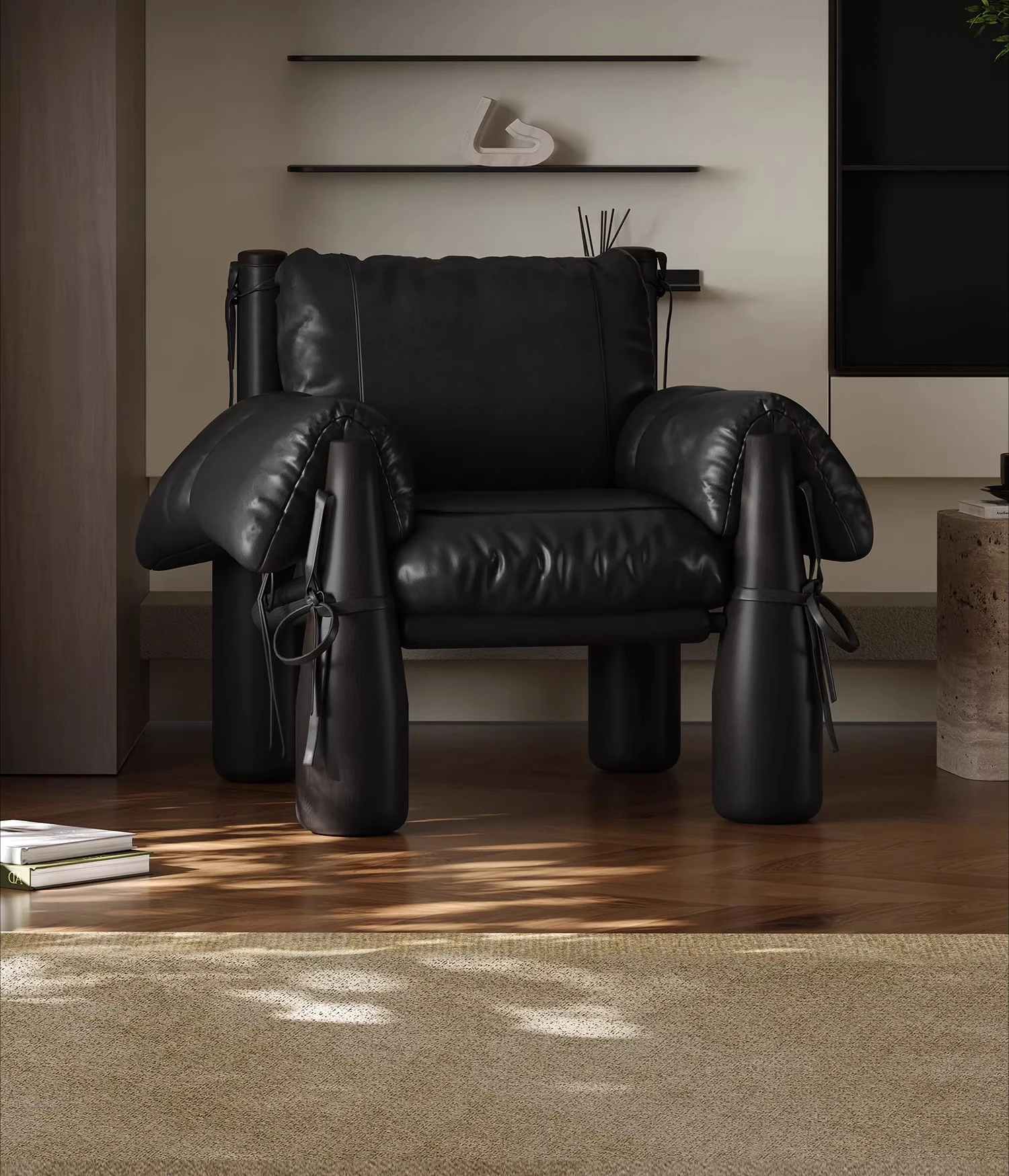 Medieval leather double armrest baseball chair removable home living room solid wood single leisure chair designer new