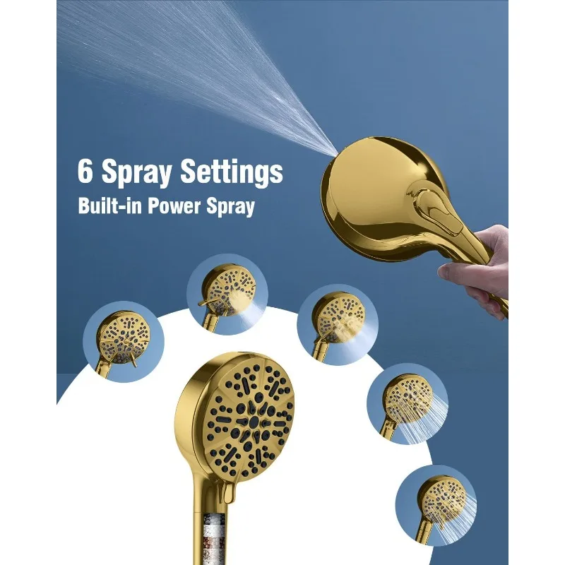 Shower Head with Handheld Gold, 6 Modes High Pressure Shower Heads with Power Wash Mode and Hard Water