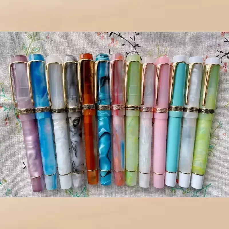 Hot Smooth Kaigelu 316 Stainless Steel Fountain Pen with Marble Acrylic Body Lemon Yellow Design Amber Pattern Nib Luxury