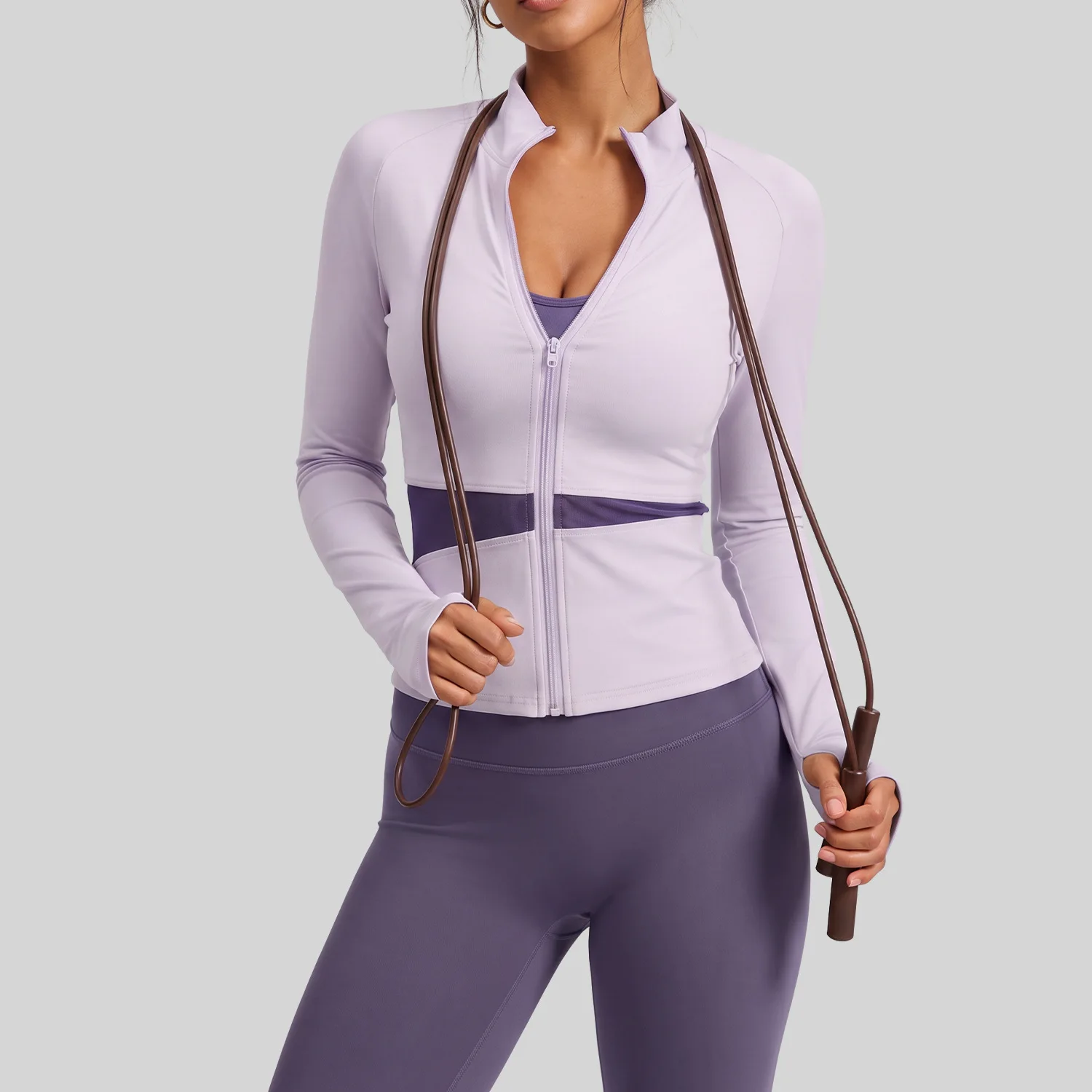 Women Slim Fit Color Block Yoga Jacket Full Zipper Stand Collar High Elastic Long Sleeve Fitness Running Sports Top