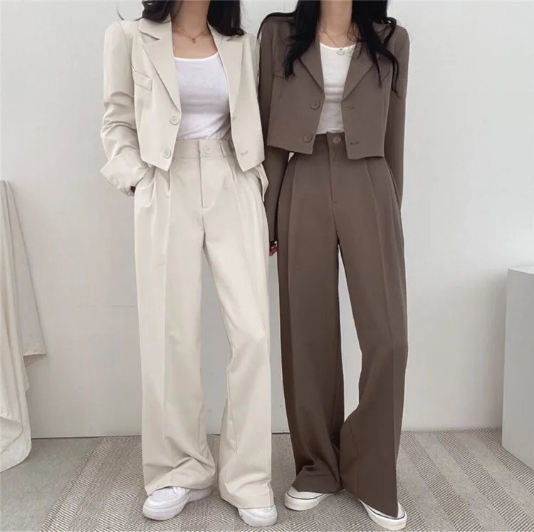 Suit Coat 2 Piece Set Women Blazer Jacket Straight Pants Ensemble Single Breasted Turn Down Collar Trousers Office Lady Outfits