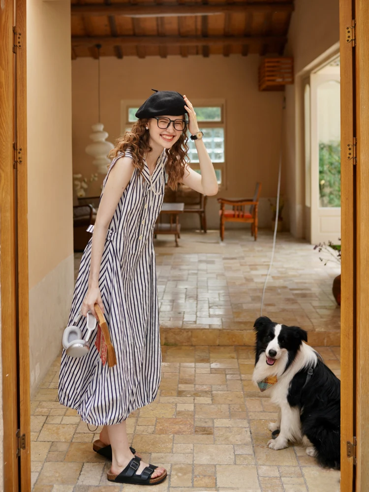 

V-Ne Svel Waist-Cinched Dr Retro Sailor Collar Stripe Pattern Magazine Girl Summer 2023 Cotton Women's Dr