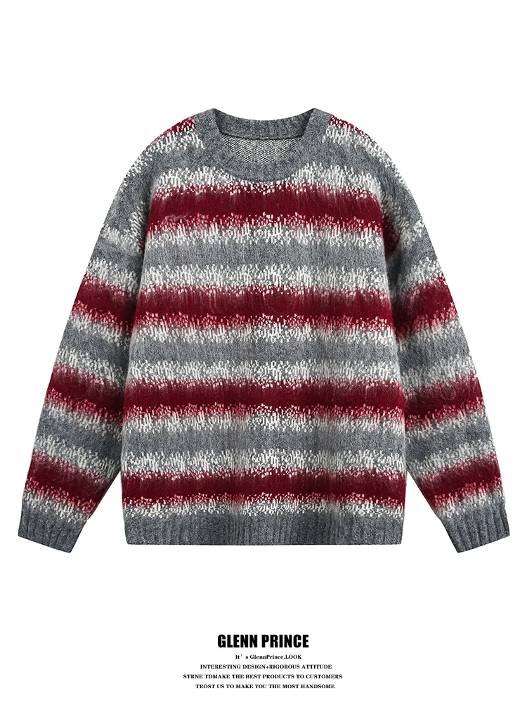 

Мужской вязаный свитер свободного кроя в полоску, окрашенный методом e-Dye, Cisas Aosphere, в американском ретро-стиле, из смесового полиэстера, с длинными рукавами...