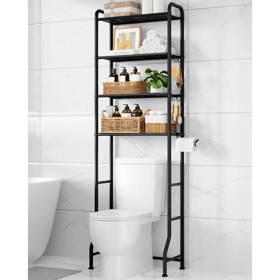 

Over Toilet Storage Rack Metal Over Toilet Bathroom Organizer Shelf, Over The Toilet Storage Cabinet with Paper Holder and Hooks