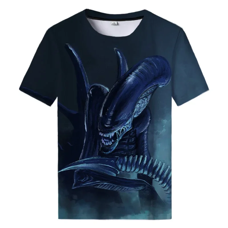 Homens e mulheres arte alienígena camiseta Harajuku impressa em 3D, camisa esportiva casual gola redonda, top impresso de filme de terror, verão,